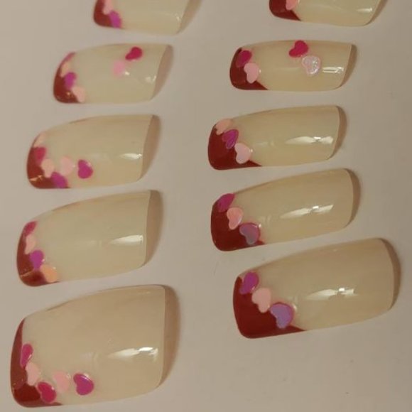 Pink French Tip Nails Valentine's Day Press On Nails - New Hand Painted - Picture 2 of 6